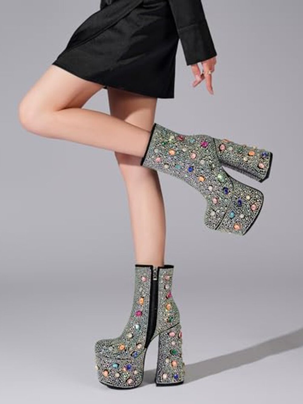 Rhinestone Platform Boots with Chunky Heel - Sparkly Ankle Boots for Party & - Picture 6 of 7